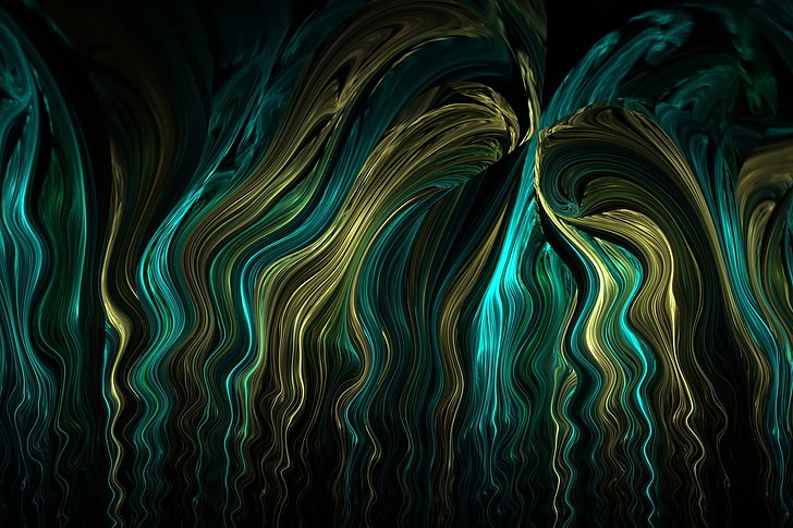 black, blue, and red abstract painting, fractal, Apophysis, digital art, 3D, gold, waves, abstract, green, turquoise, HD wallpaper