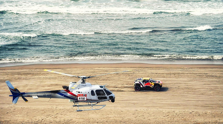 Sand, The ocean, Sea, Beach, Auto, Wave, Sport, Machine, Speed, Helicopter, Race, Peugeot, Red Bull, 300, Rally, Dakar, SUV, The roads, Flies, DKR, 3008, Peugeot 3008 DKR, HD wallpaper