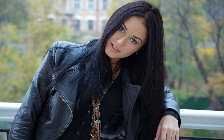Macy B, black hair, women, balcony, looking at viewer, smiling, leather jackets, jacket, model, open mouth, HD wallpaper