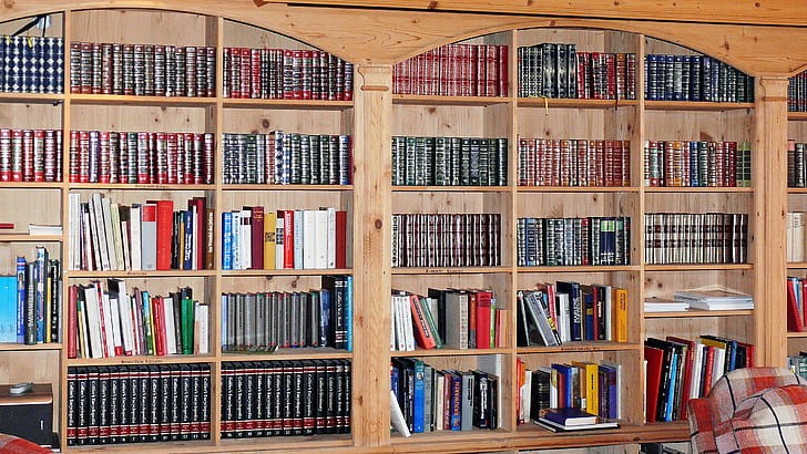 book shelves, book wall, bookcase, books, library, room, HD wallpaper
