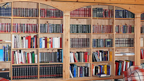 рафтове за книги, стена за книги, библиотека, книги, библиотека, стая, HD тапет HD wallpaper