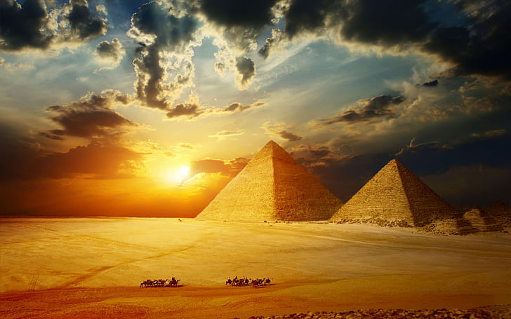 Egypte, pyramides, tourisme, sable, paysage, flou, bokeh, HDR, voyage, soleil, Égypte, ciel, complexe, ma planète, tourisme, anciennes pyramides, créé, XXVI-XXIIIe siècle avant notre ère, le plateau de Giza, une banlieue du Caire, une des sept merveilles du monde, le monde antique, la caravane, Fond d'écran HD