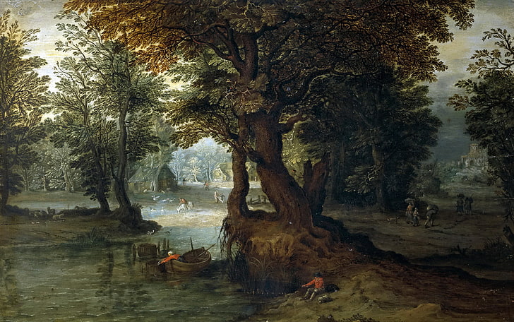 forest, trees, landscape, house, boat, picture, fisherman, Jan Brueghel the younger, Forest Lake, HD wallpaper