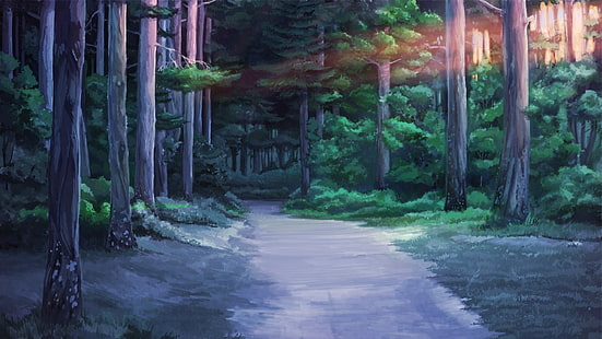 pintura de bosque verde, verano eterno, tala de bosques, luz solar, Fondo de pantalla HD HD wallpaper