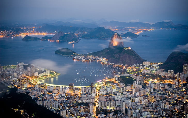 Brasilien, Rio de Janeiro, kväll, hav, ljus, kust, hus, berg, Brasilien, Rio, kväll, hav, ljus, kust, hus, berg, HD tapet
