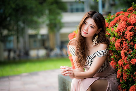 Asia, wanita, rambut panjang, berambut cokelat, duduk, Wallpaper HD HD wallpaper