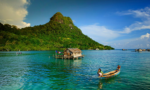 자연 경치 섬 보트 인도네시아 어린이 바다 열대 야자수 숲 구름 물, HD 배경 화면 HD wallpaper