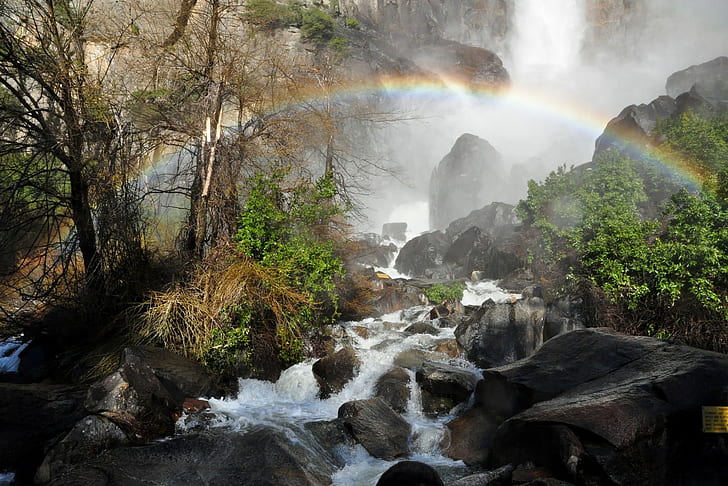 Natur, Landschaft, Regenbogen, Fluss, Bäume, Sträucher, Nebel, Berge, Yosemite National Park, HD-Hintergrundbild
