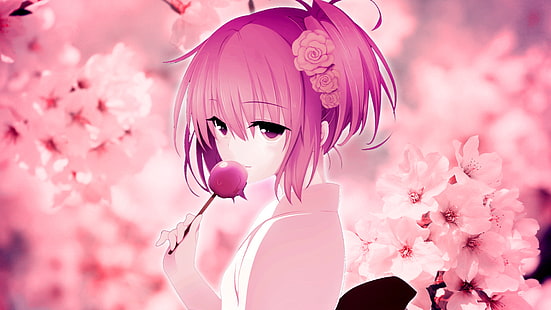 ilustrasi wanita animasi berambut merah muda, anak perempuan, Sakura, kimono, rambut merah muda, bunga sakura, Wallpaper anime, permen di atas meja, Wallpaper HD HD wallpaper