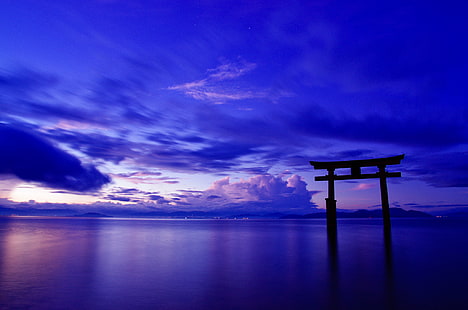 Храм Ицукусима, небо, облака, пейзаж, океан, ворота, Япония, тории, HD обои HD wallpaper
