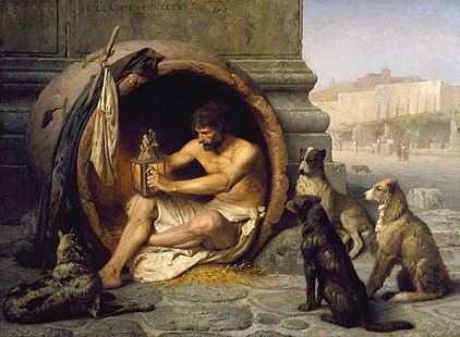 ชายถือภาพวาดโคมเทียนสีเทา, ภาพวาด, Diogenes, Jean-LéonGérôme, นักปรัชญาชาวกรีก, สุนัข, ศิลปะคลาสสิก, นั่ง, Św. อเล็คซี่, วอลล์เปเปอร์ HD HD wallpaper