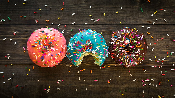 donut, sprinkles, doughnut, sweets, sweetness, candy, sweetie, sweety, fineness, wooden, desk, wood, HD wallpaper