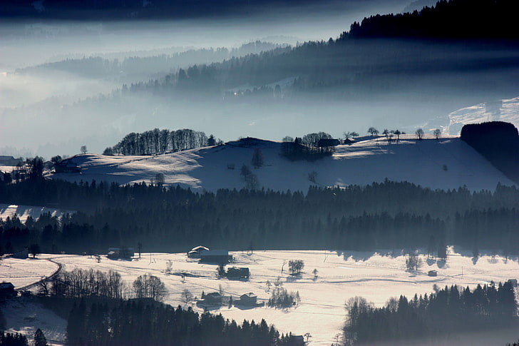 winter, hills, village, forest, snow, houses, cold, Nebulous, Veil Nebula, Veil of Mist, HD wallpaper