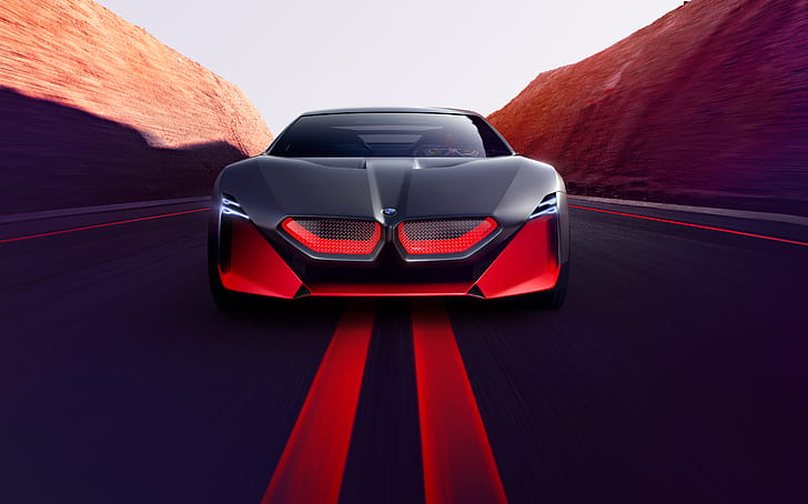 BMW Vision, BMW Vision M NEXT, vehicle, car, artwork, sports car, concept car, concept cars, lights, sun rays, road, red, BMW, supercars, transport, photomontage, HD wallpaper