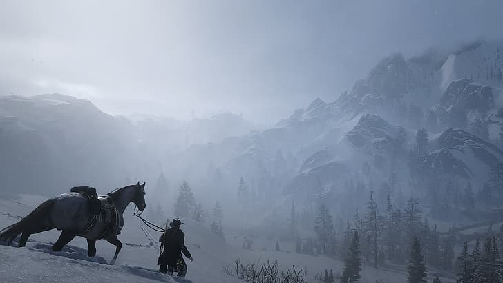 snow covered, horseback, Red Dead Redemption 2, Arthur Morgan, HD wallpaper