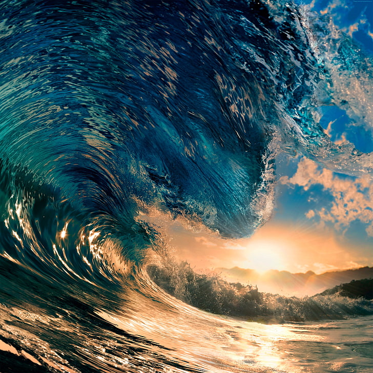 waves, sea, sunset, landscape, HD wallpaper