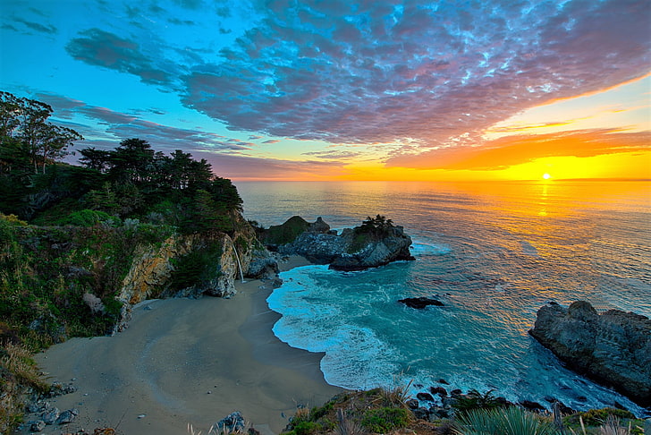 grande, califórnia, terra, cai, horizonte, oceano, rocha, mar, pôr do sol, HD papel de parede
