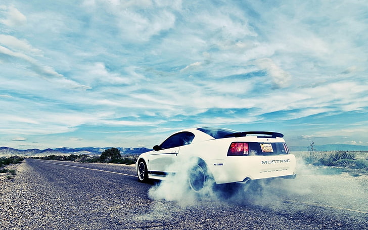 white Ford Mustang coupe, mustang, coupe, ford, drift, HD wallpaper