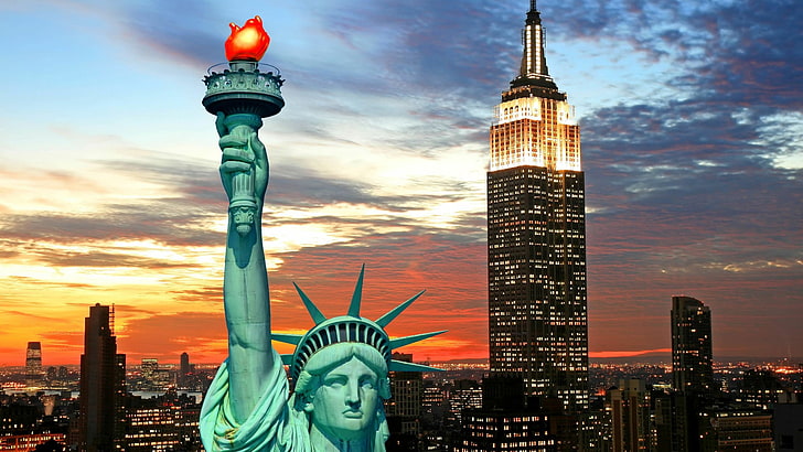 landmark, statue of liberty, tower, cityscape, metropolis, city, sky, skyline, tourist attraction, new york, skyscraper, building, dusk, tourism, united states, usa, HD wallpaper
