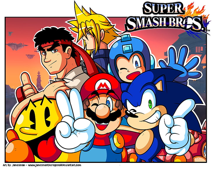 Plakat z gry Super Smash Bros, Sonic, Sonic the Hedgehog, Super Mario, Super Smash Brothers, Cloud Strife, Mega Man, Ryu (Street Fighter), Street Fighter, Final Fantasy, crossover, Tapety HD