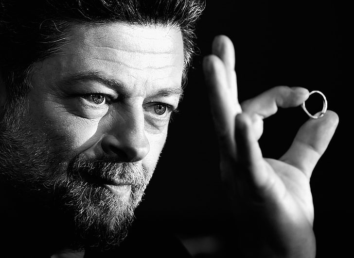 silver-colored ring, andy serkis, actor, face, ring, beard, bw, HD wallpaper