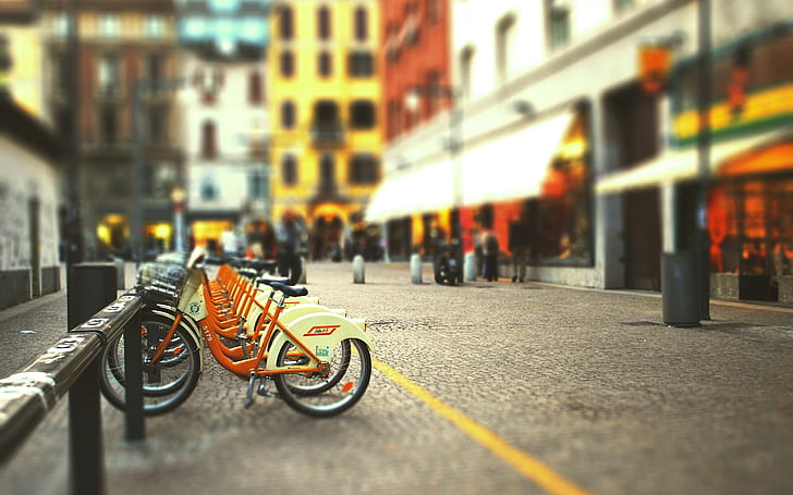 bike, the city, street, blur, tilt-shift, blurred background, bike Parking, HD wallpaper