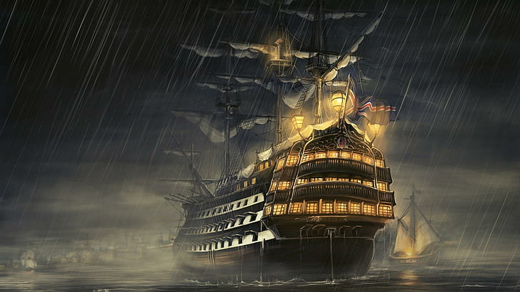 ship, pirate, rainy, raining, sea, rain, sailing ship, ghost ship, victory ship, darkness, pirate ship, galleon, manila galleon, jolly roger ship, HD wallpaper