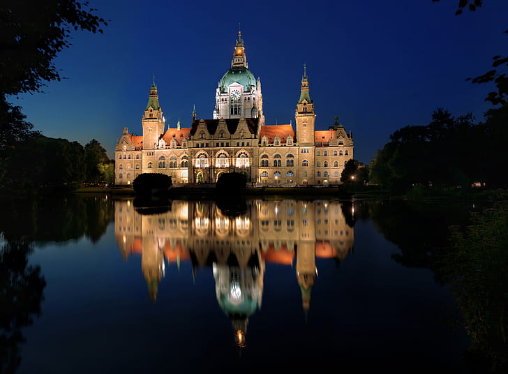 árvores, noite, luzes, lago, reflexão, Alemanha, Palácio, Hannover, Hanover, Nova Prefeitura, HD papel de parede