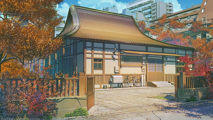 anime landscape, traditional building, scenic, bicycle, fence, trees, house, Anime, HD wallpaper