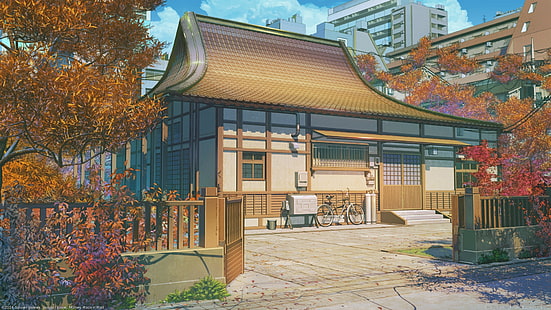 Anime Landschaft, traditionelles Gebäude, landschaftlich, Fahrrad, Zaun, Bäume, Haus, Anime, HD-Hintergrundbild HD wallpaper