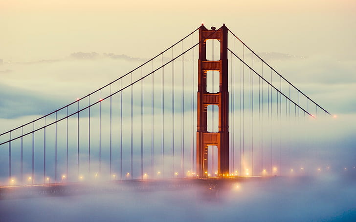 Мост Golden Gate, Сан Франциско, мъгла, улично осветление, мост, HD тапет