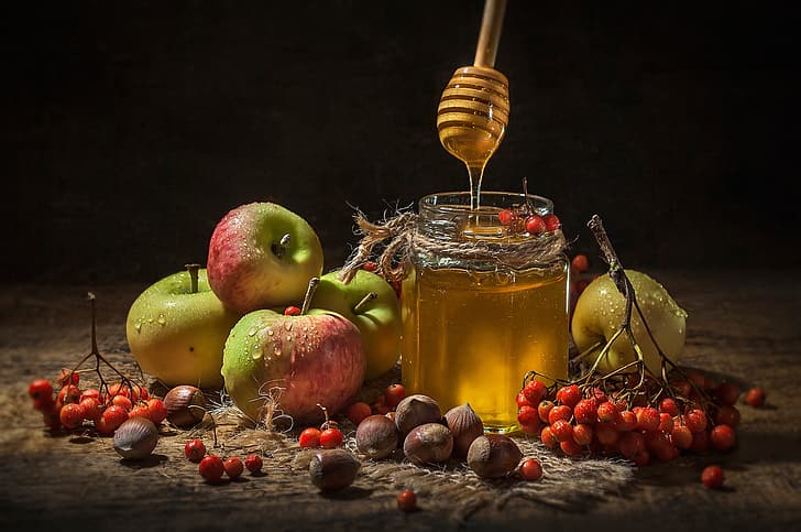 apples, Bank, nuts, honey, Rowan, bunches, jar, Vladimir Volodin, HD wallpaper