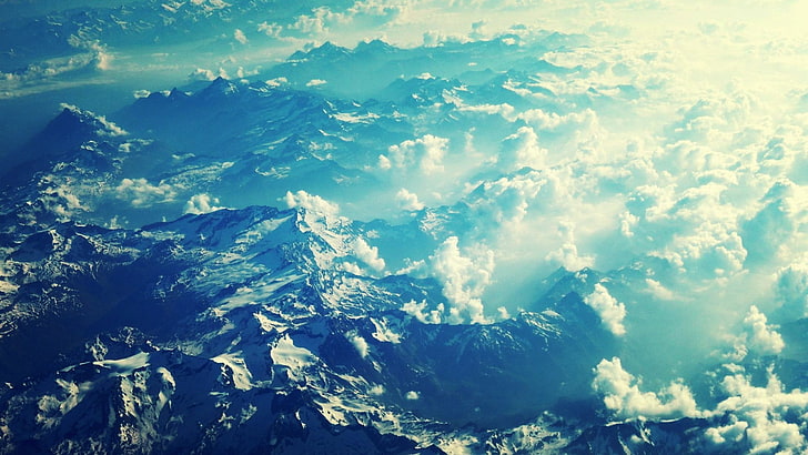 céu, vista aérea, montanhas, nuvens, pico nevado, HD papel de parede