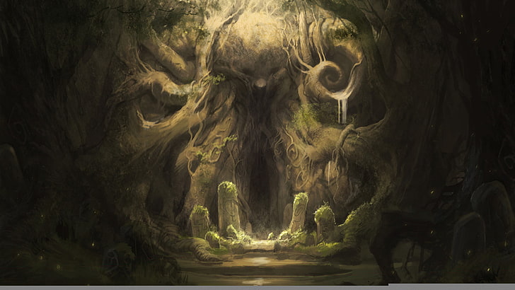 illustration de la grotte, forêt, racines, mystère, pierres, personnages, grotte, antiquité, Fond d'écran HD