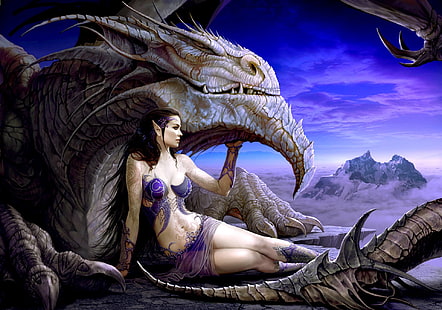 Фантазия, елф, дракон, момиче, жена, HD тапет HD wallpaper