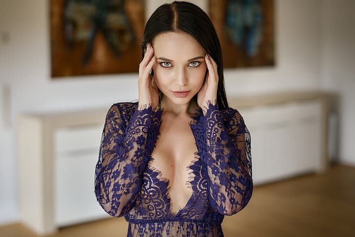 girl, cleavage, long hair, dress, breast, photo, photographer, blue eyes, model, brunette, chest, black hair, portrait, blue dress, looking at camera, straight hair, Angelina Petrova, looking at viewer, hand on face, Chris Bos, HD wallpaper