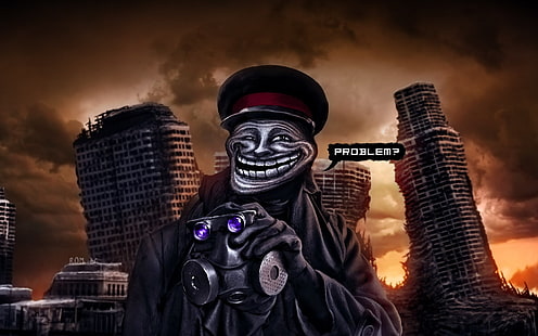 troll meme holding gas mask illustration, captain, romance of the Apocalypse, romantically apocalyptic, troll face, HD wallpaper HD wallpaper