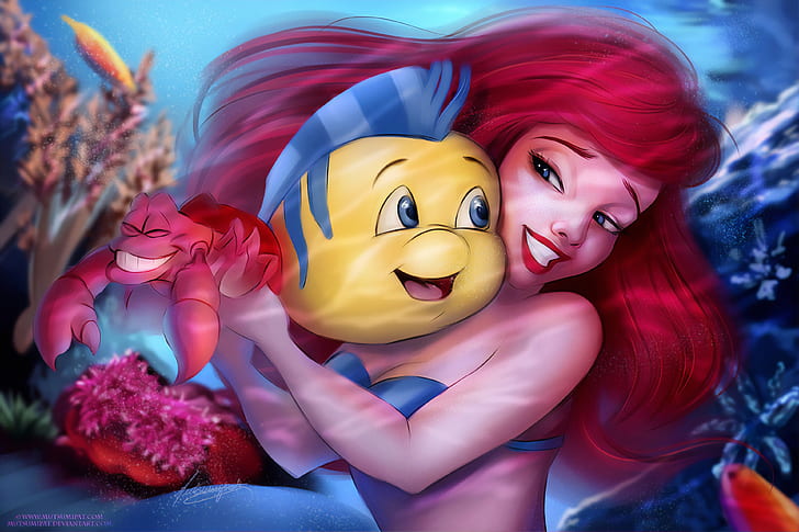 Putri Duyung Kecil, Ariel (Putri Duyung Kecil), Mata Biru, Ikan, Gadis, Putri Duyung, Rambut Merah, Senyum, Wallpaper HD