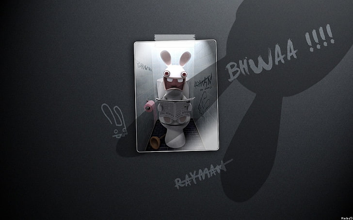 bunny at toilet bowl reading newspaper, Raving Rabbids, humor, mirror, video games, HD wallpaper
