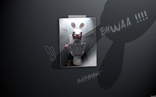 bunny at toilet bowl reading newspaper, Raving Rabbids, humor, mirror, video games, HD wallpaper HD wallpaper