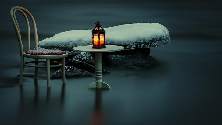 white wooden table and black candle lantern, photography, artwork, nature, water, snow, winter, rock, stones, table, chair, ice, icicle, lantern, lamp, blurred, reflection, long exposure, candles, HD wallpaper