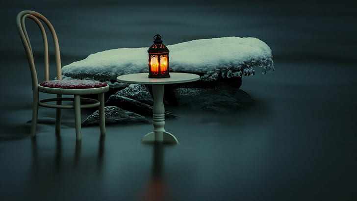 table, lantern, rock, stones, blurred, snow, long exposure, reflection, winter, chair, photography, ice, lamp, nature, candles, icicle, water, artwork, HD wallpaper