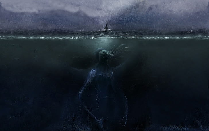 horror, rain, underwater, digital art, sea, creature, Cthulhu, storm, split view, sea monsters, fantasy art, HD wallpaper