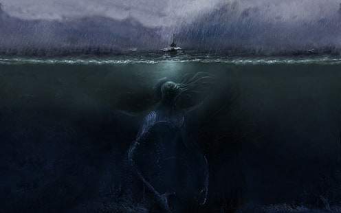horror, rain, underwater, digital art, sea, creature, Cthulhu, storm, split view, sea monsters, fantasy art, HD wallpaper HD wallpaper