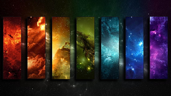 семь разных картин, космос, звёзды, коллаж, разноцветные, HD обои HD wallpaper