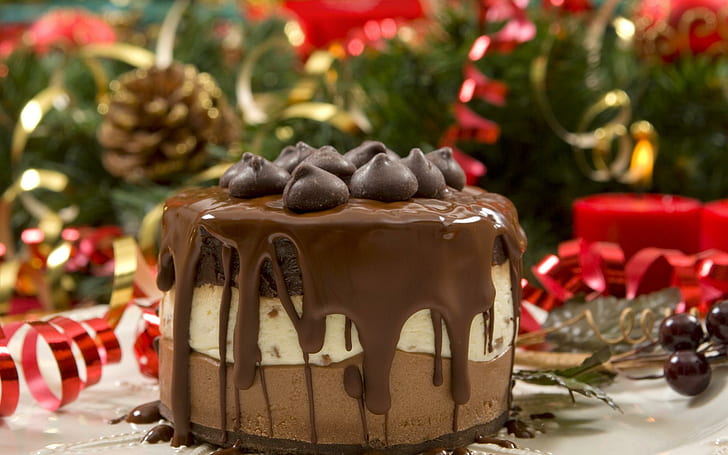 desserts, christmas, chocolate and cream cake, gifts, desserts, christmas, chocolate and cream cake, gifts, HD wallpaper