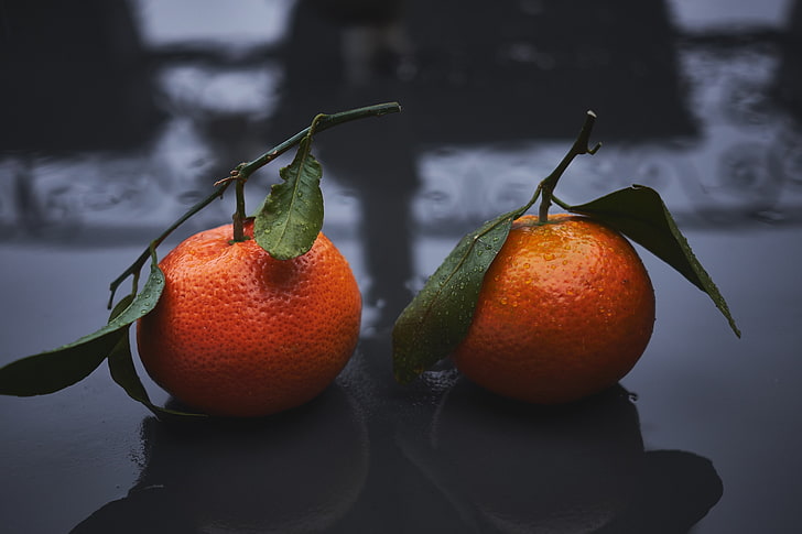 two orange fruits, tangerines, drops, fruit, citrus, HD wallpaper