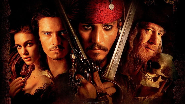 خلفية Pirate of Caribbean ، أفلام ، Pirates of the Caribbean: The Curse of the Black Pearl ، كيرا نايتلي ، جوني ديب ، أورلاندو بلوم، خلفية HD