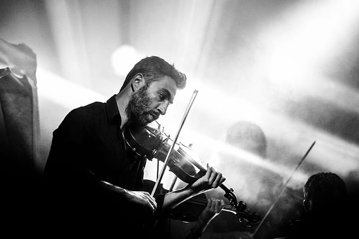 adult, black and white, classic, concert, event, live, man, music, music player, musical instrument, musician, orchestra, person, smoke, string instrument, violin, HD wallpaper