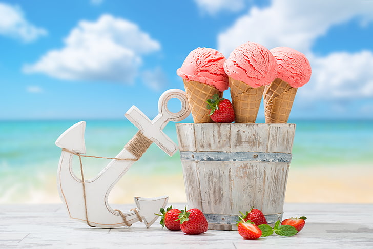 Varios helados con conos, helados, fresas, anclas, deliciosos, 8k, Fondo de  pantalla HD | Wallpaperbetter